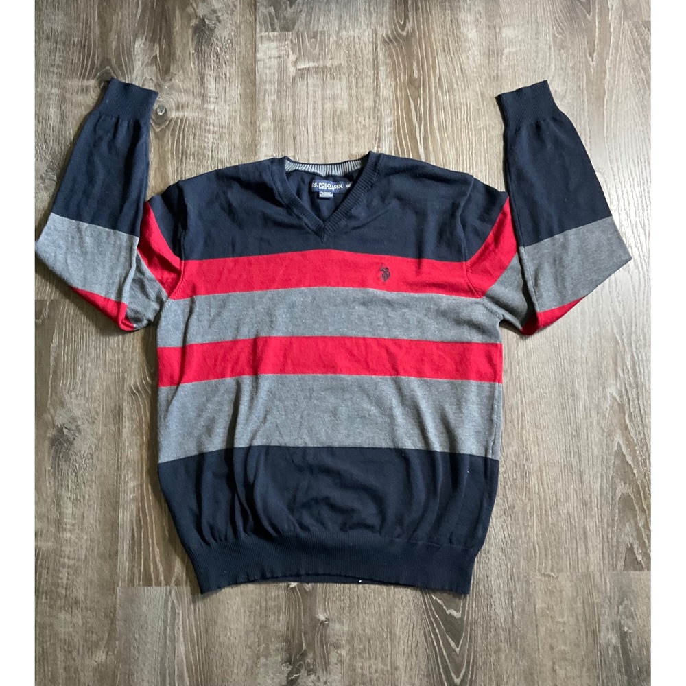 U.S. Polo Assn. XXL Mens V-Neck Sweater Striped‎ Knit Pullover Red Gray Blue